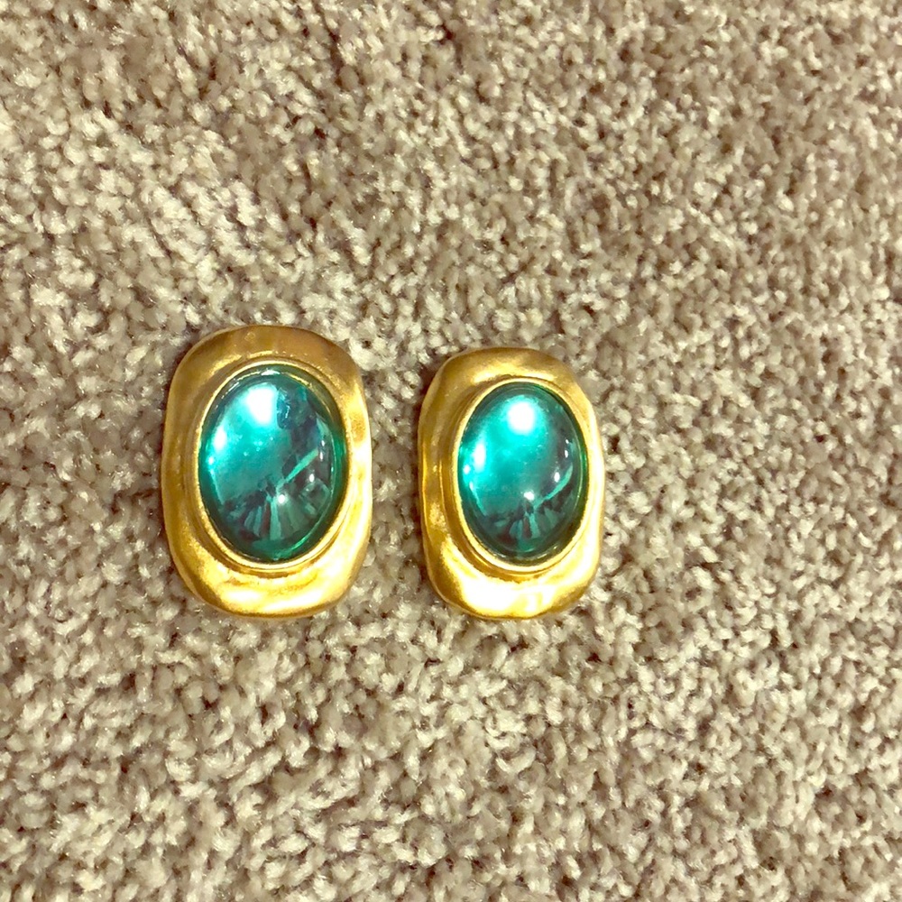 Vintage! Costume teal and gold clip on earrings